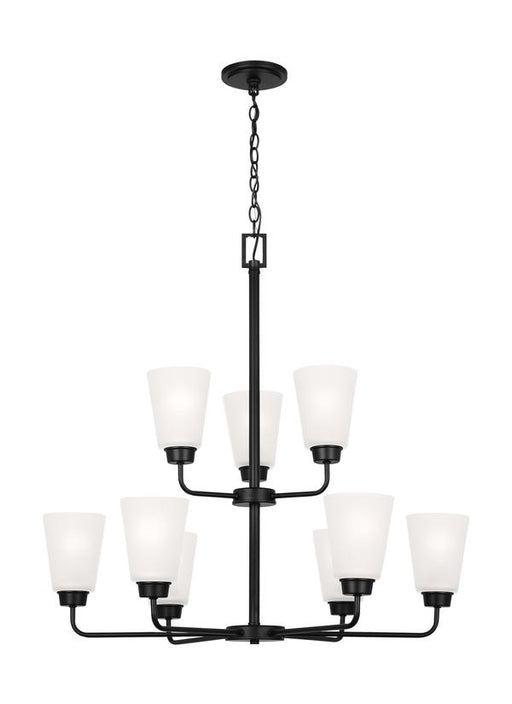 Generation Lighting Kerrville 9-Light Chandelier In Midnight Black With Satin Etched Glass Shades (3115209-112)