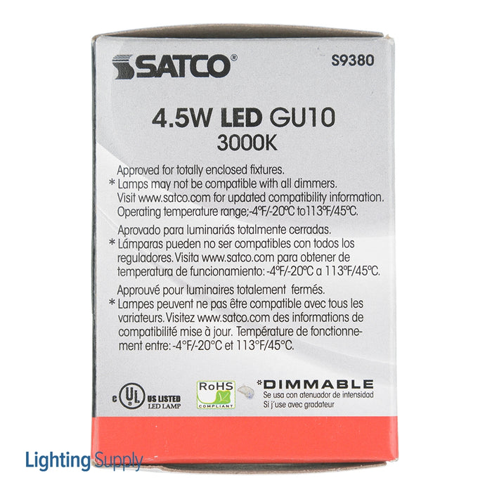 SATCO/NUVO 4.5MR16/LED/40&#039;/30K/120V/GU10 4.5W LED MR16 LED 3000K 40 Degree Beam Spread GU10 Base 120V (S9380)