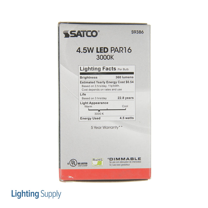 SATCO/NUVO 4.5PAR16/LED/40&#039;/3000K/120V 4.5W PAR16 LED 3000K 40 Degree Beam Spread Medium Base 120V (S9386)