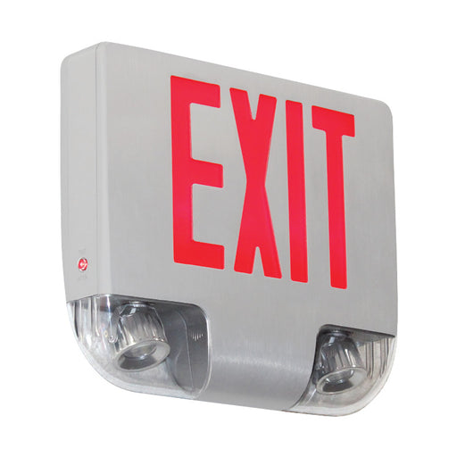 Exitronix Die Cast Aluminum LED Exit Combination High Intensity Multi-Directional LED Lamp Heads Double Face 6 Inch Red Letters NiCad Battery Brushed Aluminum Enclosure Brushed Aluminum Face Mounting Canopy (400C-2-BA)