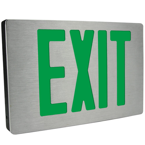 Exitronix Universal Die Cast Aluminum Exit Sign Double Face Green Letters AC Only Brushed Aluminum Enclosure Brushed Aluminum Face Mounting Canopy (G400U-LB-BA)