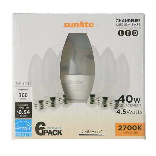 Sunlite ETF/LED/4.5W/27K/6PK 4.5W LED B11 Torpedo Tip Chandelier Bulb 300Lm 2700K Medium E26 Base Frosted Dimmable 6 Pack (40230-SU)