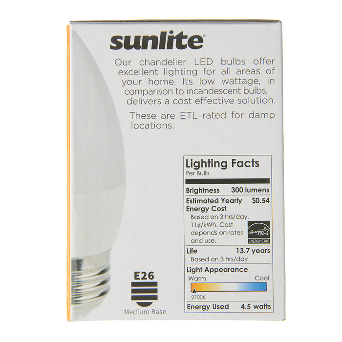 Sunlite ETF/LED/4.5W/27K/6PK 4.5W LED B11 Torpedo Tip Chandelier Bulb 300Lm 2700K Medium E26 Base Frosted Dimmable 6 Pack (40230-SU)