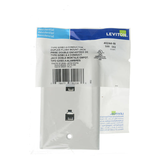 Leviton Standard Telephone Wall Jack 6P4C X 6P4C Screw Terminals White (40244-W)