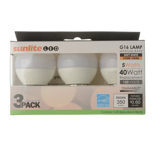 Sunlite G16/LED/5W/E26/D/FR/ES/27K/3PK 5W LED G16 Bulb 2700K 350Lm E26 Base 3-Pack (40287-SU)