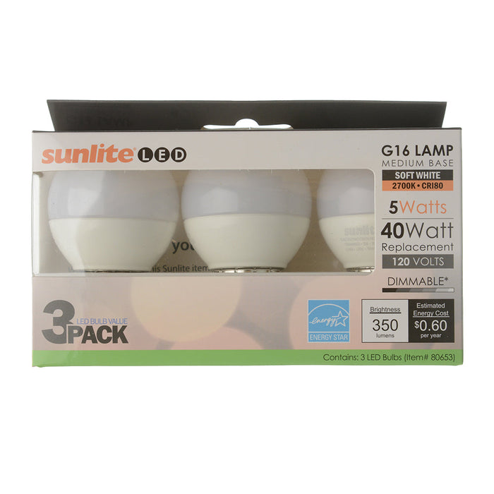 Sunlite G16/LED/5W/E26/D/FR/ES/27K/3PK 5W LED G16 Bulb 2700K 350Lm E26 Base 3-Pack (40287-SU)