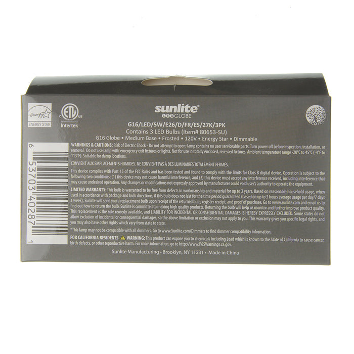 Sunlite G16/LED/5W/E26/D/FR/ES/27K/3PK 5W LED G16 Bulb 2700K 350Lm E26 Base 3-Pack (40287-SU)