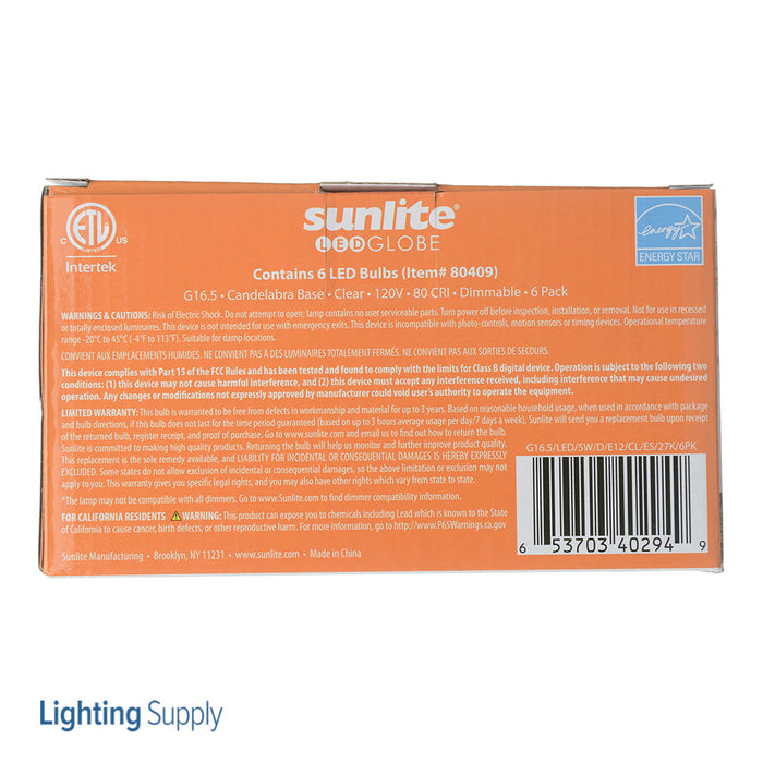 Sunlite LED G16.5 Bulb 5W 350Lm 2700K 120V E12 Base (40294-SU)