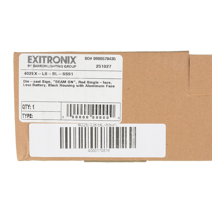 Exitronix Die Cast Sign - Beam On - Red Single Face Less Battery Black With Brushed Aluminum Face (402E-LB-BL-SS91)