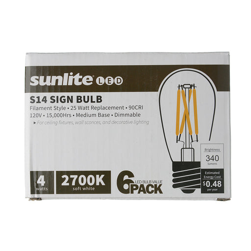Sunlite S14/LED/FS/4W/27K/6PK 4W LED Filament Series S14 Bulb 2700K Warm White 340Lm 120V 90 CRI Dimmable E26 Base 6-Pack (40322-SU)