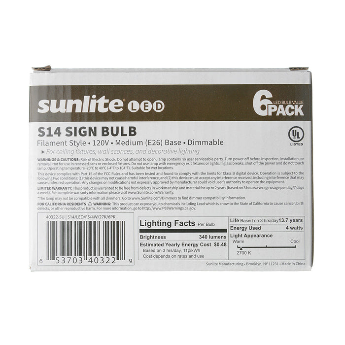Sunlite S14/LED/FS/4W/27K/6PK 4W LED Filament Series S14 Bulb 2700K Warm White 340Lm 120V 90 CRI Dimmable E26 Base 6-Pack (40322-SU)