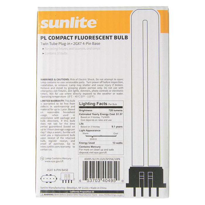 Sunlite Compact Fluorescent PL 4-Pin Bulb 13W 720Lm 3500K 2GX7 Base (40495-SU)