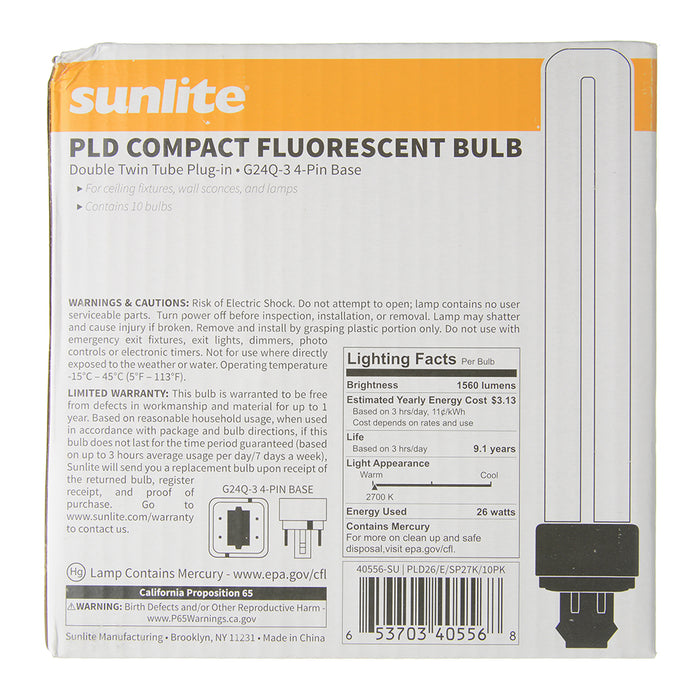 Sunlite Compact Fluorescent PLD 4-Pin Bulb 26W 1560Lm 2700K G24q3 Base (40556-SU)