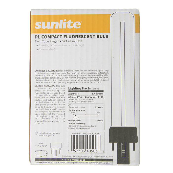 Sunlite Compact Fluorescent PL 2-Pin Bulb 9W 530Lm 3000K G23 Base (40503-SU)