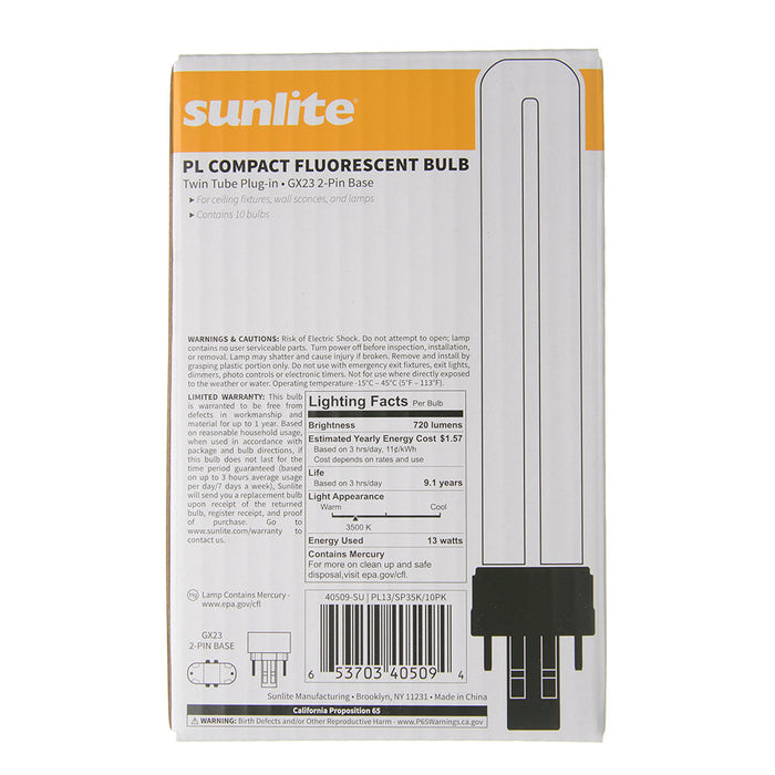 Sunlite PL13/SP35K/10PK Plug-In 13W 720Lm 3500K PL 2-Pin Single U-Shaped Twin Tube Bulb 10 Pack (40509-SU)