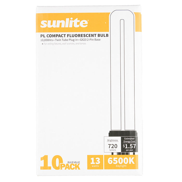 Sunlite PL13/SP65K/10PK Plug-In 13W 720Lm 6500K PL 2-Pin Single U-Shaped Twin Tube Bulb 10 Pack (40512-SU)