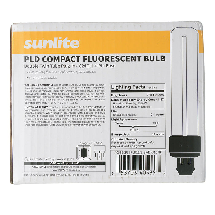 Sunlite PLD13/E/SP41K/10PK 3W 780Lm 4100K PLD 4-Pin Double U-Shaped Twin Tube Bulb 10 Pack (40535-SU)