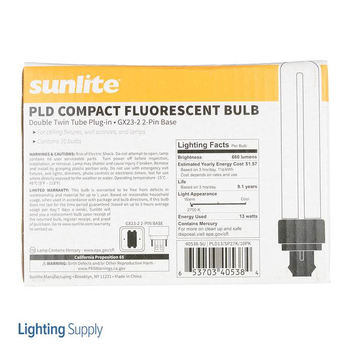 Sunlite Compact Fluorescent PLD 2-Pin Bulb 13W 660Lm 2700K 120V GX23-2 Base (40538-SU)