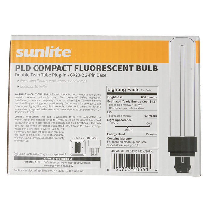 Sunlite Compact Fluorescent PLD 2-Pin Bulb 13W 660Lm 4100K GX23-2 Base (40541-SU)