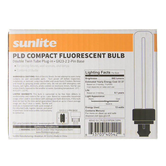 Sunlite Compact Fluorescent PLD 2-Pin Bulb 13W 660Lm 5000K GX23-2 Base (40542-SU)