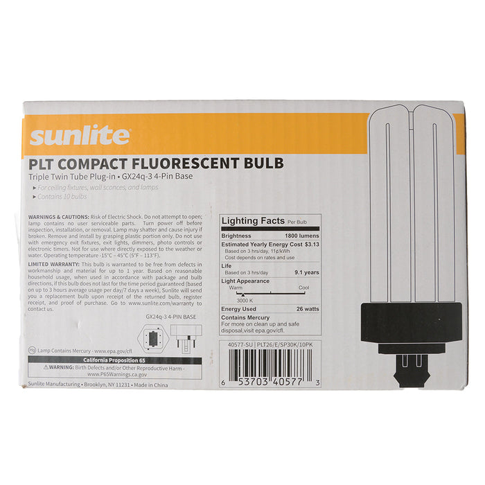 Sunlite Compact Fluorescent PLT 4-Pin Bulb 26W 1800Lm 3000K GX24q3 Base (40577-SU)