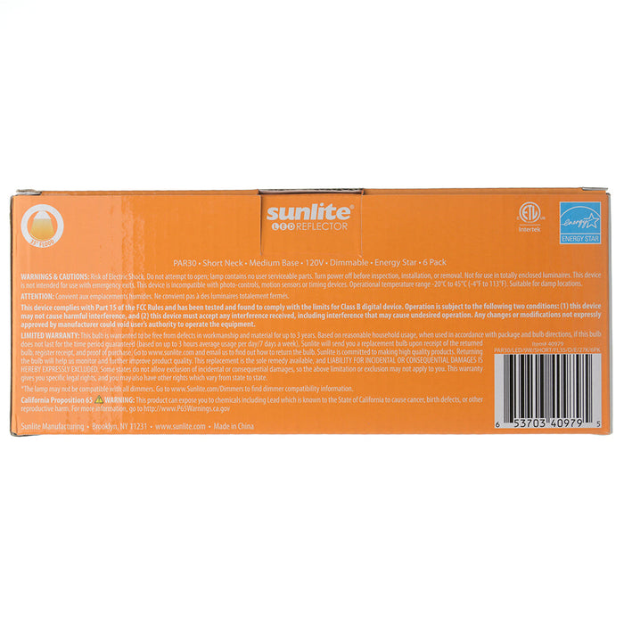 Sunlite PAR30/LED/10W/SHORT/FL35/D/E/27K/6PK 40979 LED PAR30 Short Neck Light Bulb Dimmable 2700K Warm White 6 Pack (40979-SU)