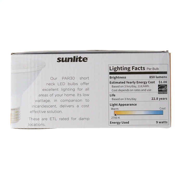 Sunlite PAR30/LED/10W/SHORT/FL35/D/E/27K/6PK 40979 LED PAR30 Short Neck Light Bulb Dimmable 2700K Warm White 6 Pack (40979-SU)