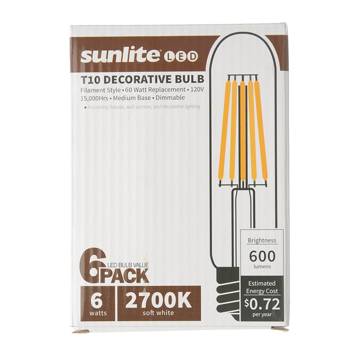 Sunlite T10/LED/FS/6W/E26/CL/27K/128MM/6PK 6W LED T10 Bulb 2700K 600Lm 6-Pack (41150-SU)