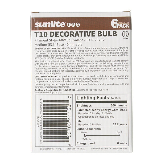Sunlite T10/LED/FS/6W/E26/CL/27K/128MM/6PK 6W LED T10 Bulb 2700K 600Lm 6-Pack (41150-SU)