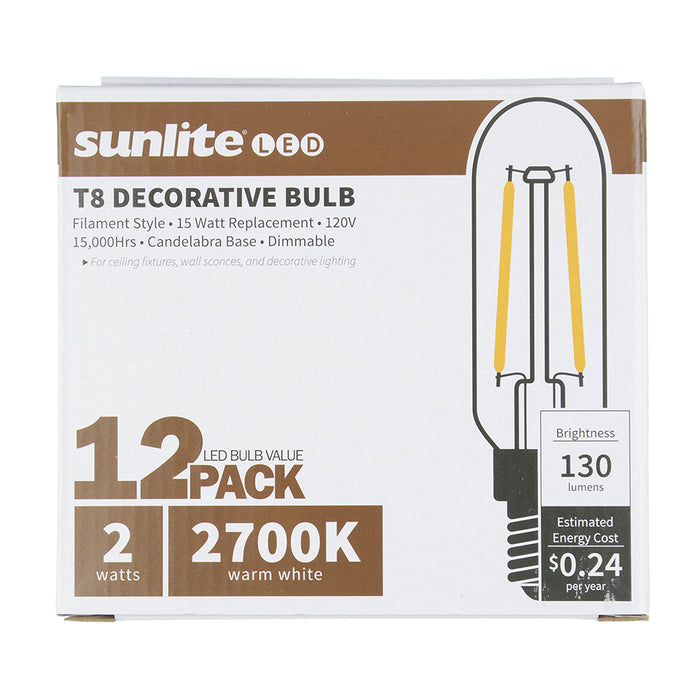 Sunlite T8/LED/FS/2W/E12/D/CL/27K/85MM/12PK 2W LED Decorative Bulb 2700K 130Lm E12 Candelabra Base 12-Pack (41344-SU)