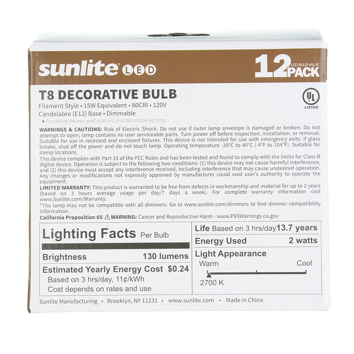Sunlite T8/LED/FS/2W/E12/D/CL/27K/85MM/12PK 2W LED Decorative Bulb 2700K 130Lm E12 Candelabra Base 12-Pack (41344-SU)