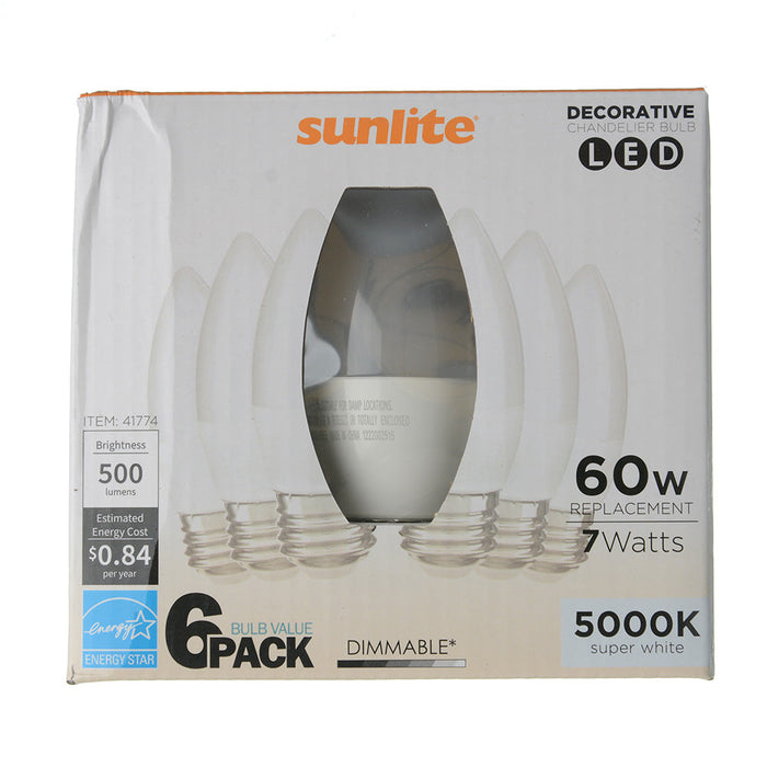 Sunlite ETF/LED/7W/950/6PK 7W LED B13 Decorative Chandelier Light Bulb Dimmable E26 Base Torpedo Frosted 90 CRI 5000K 500Lm 6-Pack (41774-SU)