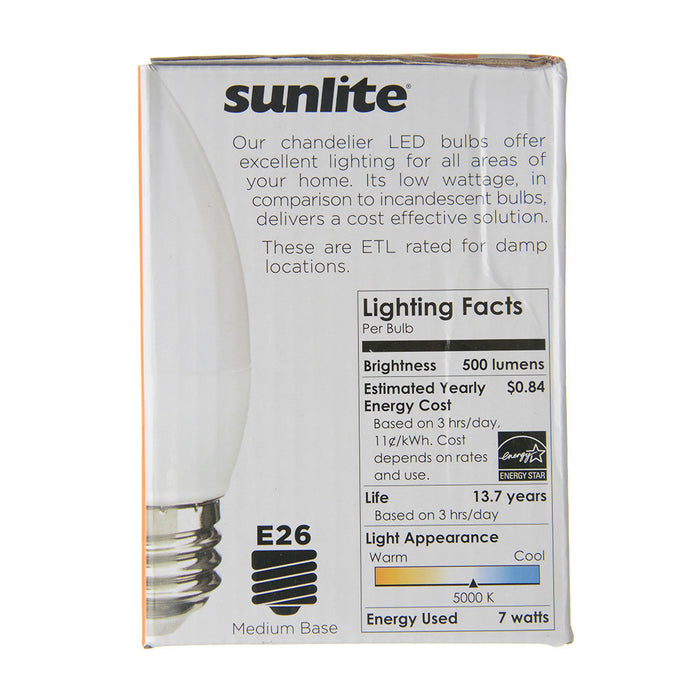 Sunlite ETF/LED/7W/950/6PK 7W LED B13 Decorative Chandelier Light Bulb Dimmable E26 Base Torpedo Frosted 90 CRI 5000K 500Lm 6-Pack (41774-SU)
