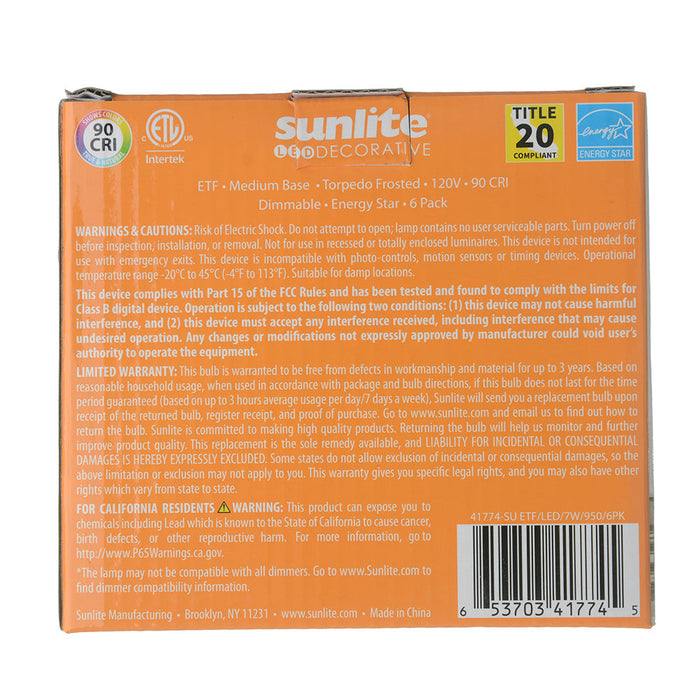 Sunlite ETF/LED/7W/950/6PK 7W LED B13 Decorative Chandelier Light Bulb Dimmable E26 Base Torpedo Frosted 90 CRI 5000K 500Lm 6-Pack (41774-SU)