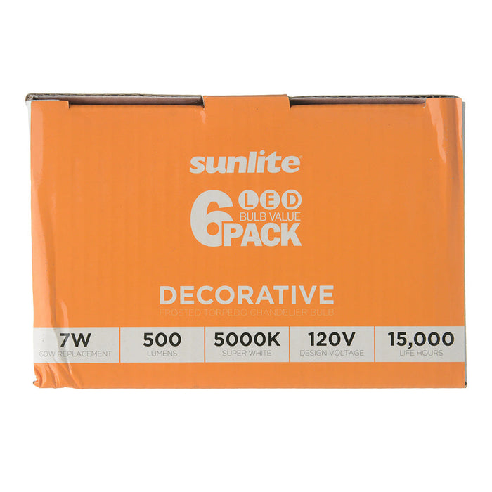 Sunlite ETF/LED/7W/950/6PK 7W LED B13 Decorative Chandelier Light Bulb Dimmable E26 Base Torpedo Frosted 90 CRI 5000K 500Lm 6-Pack (41774-SU)