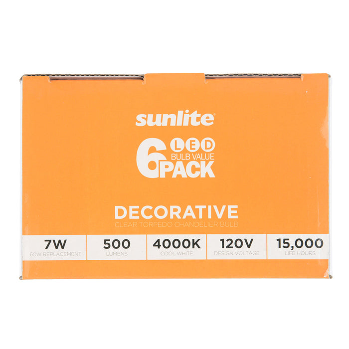 Sunlite ETC/LED/7W/940/6PK 7W LED Torpedo Tip B13 Chandelier Light Bulb Dimmable E26 Base Torpedo Clear 90 CRI 4000K 500Lm 6-Pack (41776-SU)