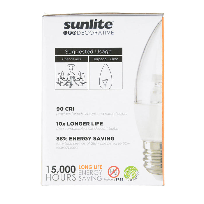 Sunlite ETC/LED/7W/940/6PK 7W LED Torpedo Tip B13 Chandelier Light Bulb Dimmable E26 Base Torpedo Clear 90 CRI 4000K 500Lm 6-Pack (41776-SU)