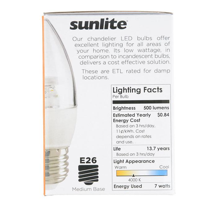 Sunlite ETC/LED/7W/940/6PK 7W LED Torpedo Tip B13 Chandelier Light Bulb Dimmable E26 Base Torpedo Clear 90 CRI 4000K 500Lm 6-Pack (41776-SU)