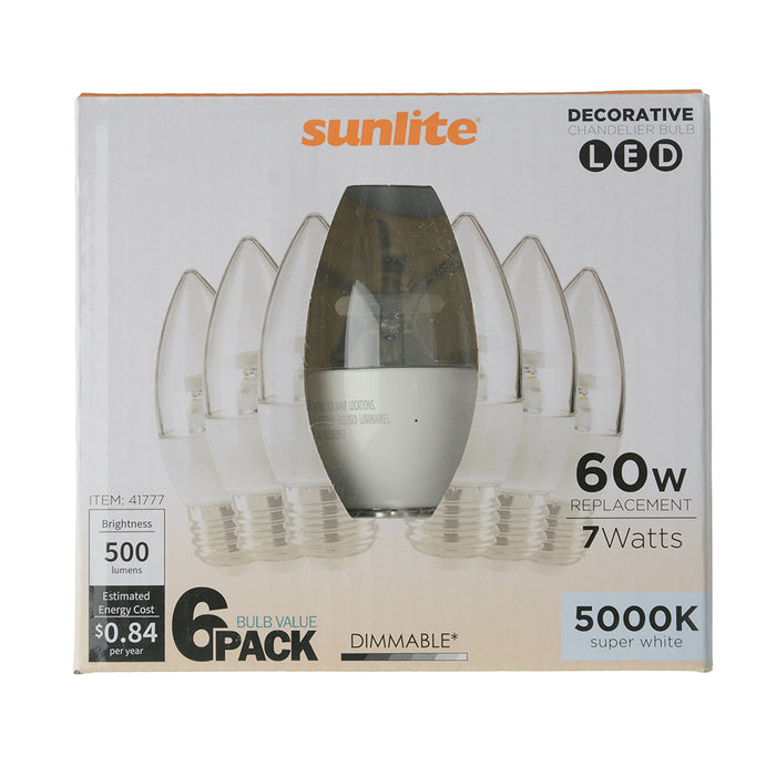 Sunlite ETC/LED/7W/950/6PK 7W LED Torpedo Tip B13 Chandelier Light Bulb Dimmable E26 Base Torpedo Clear 90 CRI 5000K 500Lm 6-Pack (41777-SU)