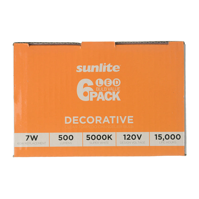 Sunlite ETC/LED/7W/950/6PK 7W LED Torpedo Tip B13 Chandelier Light Bulb Dimmable E26 Base Torpedo Clear 90 CRI 5000K 500Lm 6-Pack (41777-SU)