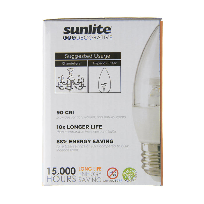 Sunlite ETC/LED/7W/950/6PK 7W LED Torpedo Tip B13 Chandelier Light Bulb Dimmable E26 Base Torpedo Clear 90 CRI 5000K 500Lm 6-Pack (41777-SU)