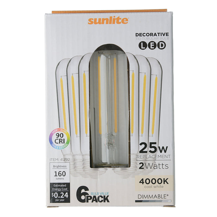 Sunlite T10/LED/FS/2W/940/6PK 2W LED Filament Style T10 Bulb 4000K Cool White 160Lm 120V 90 CRI Dimmable E26 Base 6-Pack (41792-SU)