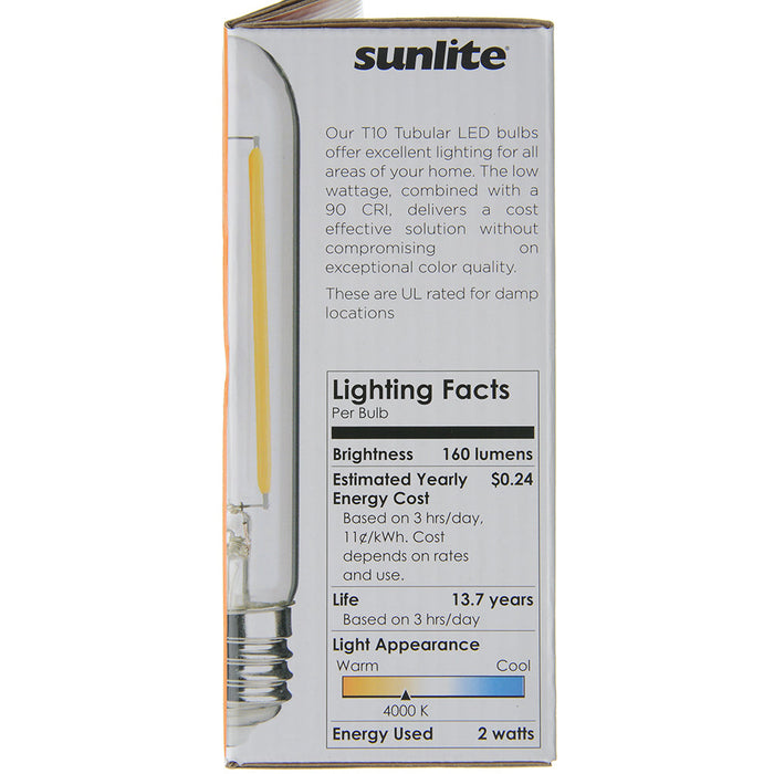 Sunlite T10/LED/FS/2W/940/6PK 2W LED Filament Style T10 Bulb 4000K Cool White 160Lm 120V 90 CRI Dimmable E26 Base 6-Pack (41792-SU)