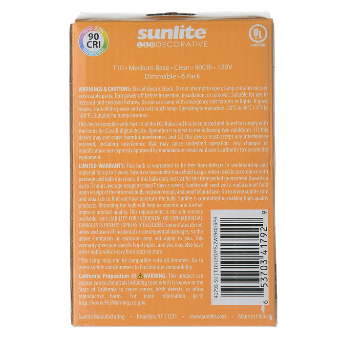 Sunlite T10/LED/FS/2W/940/6PK 2W LED Filament Style T10 Bulb 4000K Cool White 160Lm 120V 90 CRI Dimmable E26 Base 6-Pack (41792-SU)