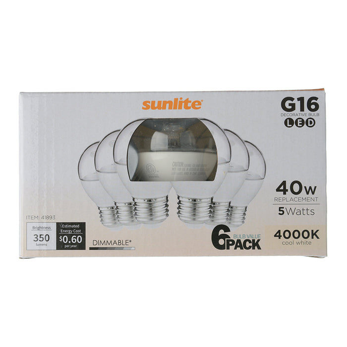 Sunlite G16/LED/5W/CL/40K/6PK 5W LED G16 Globe Light Bulb Medium E26 Base 4000K Clear 120V Dimmable 6 Pack (41893-SU)