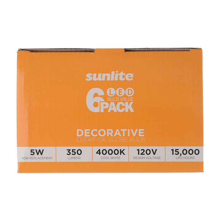 Sunlite G16/LED/5W/CL/40K/6PK 5W LED G16 Globe Light Bulb Medium E26 Base 4000K Clear 120V Dimmable 6 Pack (41893-SU)
