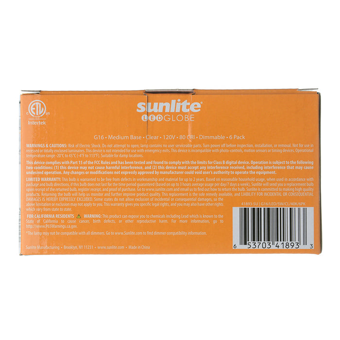 Sunlite G16/LED/5W/CL/40K/6PK 5W LED G16 Globe Light Bulb Medium E26 Base 4000K Clear 120V Dimmable 6 Pack (41893-SU)