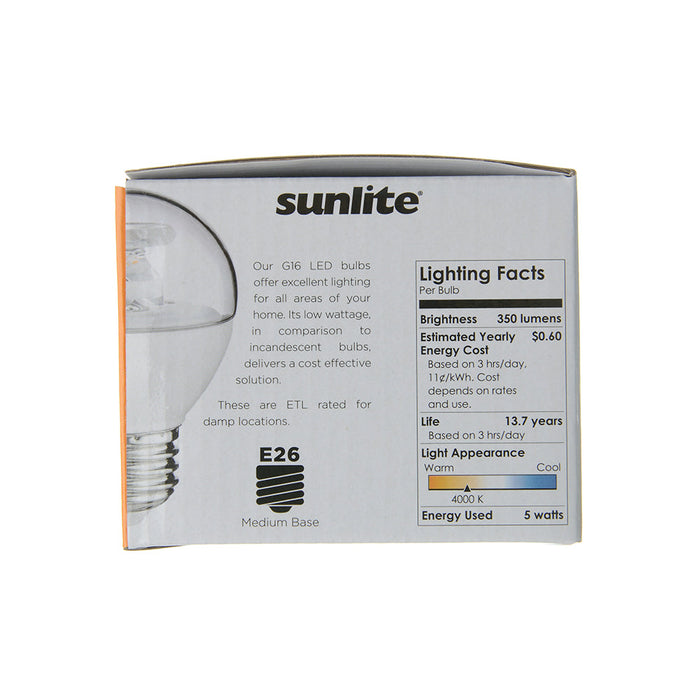 Sunlite G16/LED/5W/CL/40K/6PK 5W LED G16 Globe Light Bulb Medium E26 Base 4000K Clear 120V Dimmable 6 Pack (41893-SU)