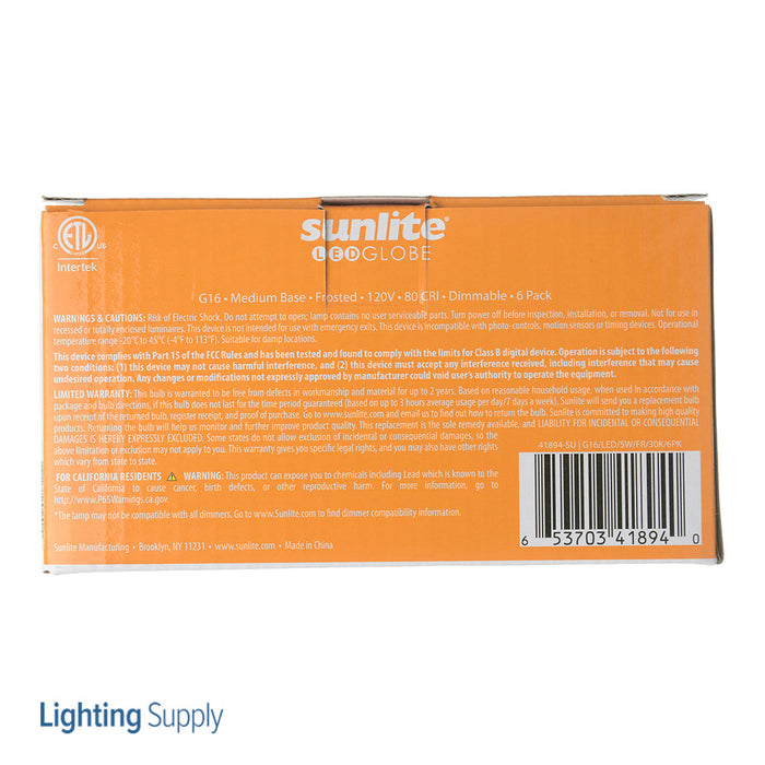 Sunlite G16/LED/5W/FR/30K/6PK 5W LED G16 Globe Light Bulb Medium E26 Base 3000K Frosted 120V Dimmable 6 Pack (41894-SU)