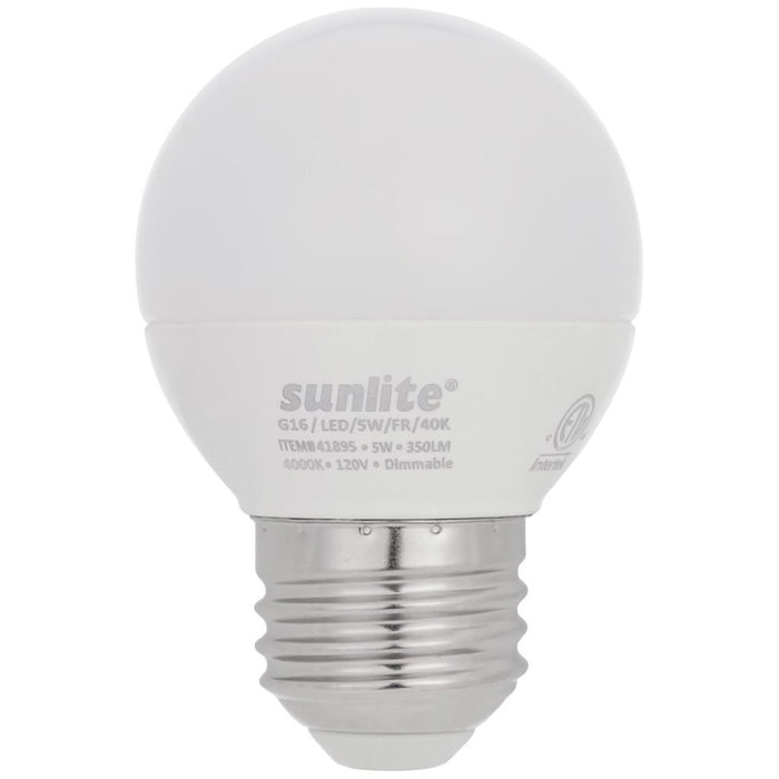 Sunlite G16/LED/5W/FR/40K/6PK 5W LED G16 Globe Light Bulb Medium E26 Base 4000K Frosted 120V Dimmable 6 Pack (41895-SU)